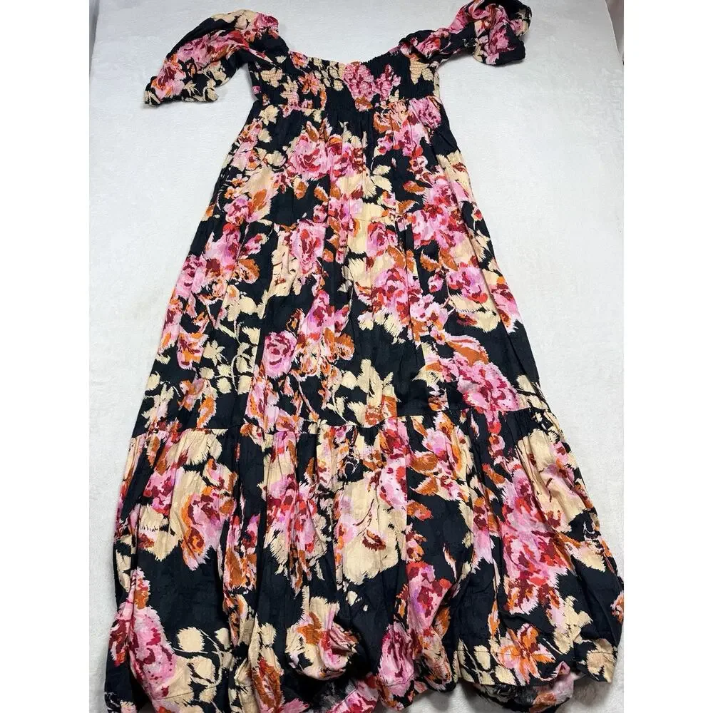 Anthropologie Black Blossom Tiered Puff Sleeve Maxi Dress Sz Sm Floral Smocked